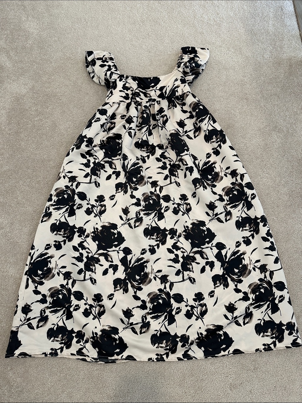 Girls Black & White Floral Princess Dress with Ruffled Straps